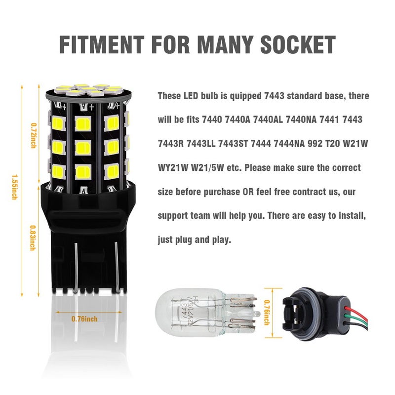 Antline 7443 7440 T20 992 7441 7444 W21W LED Bulbs White, 12-24V Super Bright 1000 Lumens Replacement for Backup Reverse Lights, Tail Brake Lights, Turn Signal Lights (Pack of 4) - Image 4
